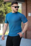 Erkek Bisiklet Yaka örgü Desenli Kısa örme Triko Kısa Kollu T-shirt resmi